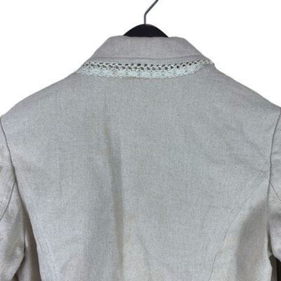 Newport News Women’s Sz 8 Cream Linen Cotton 2 Button Lace Fringe Blazer - Picture 3 of 12